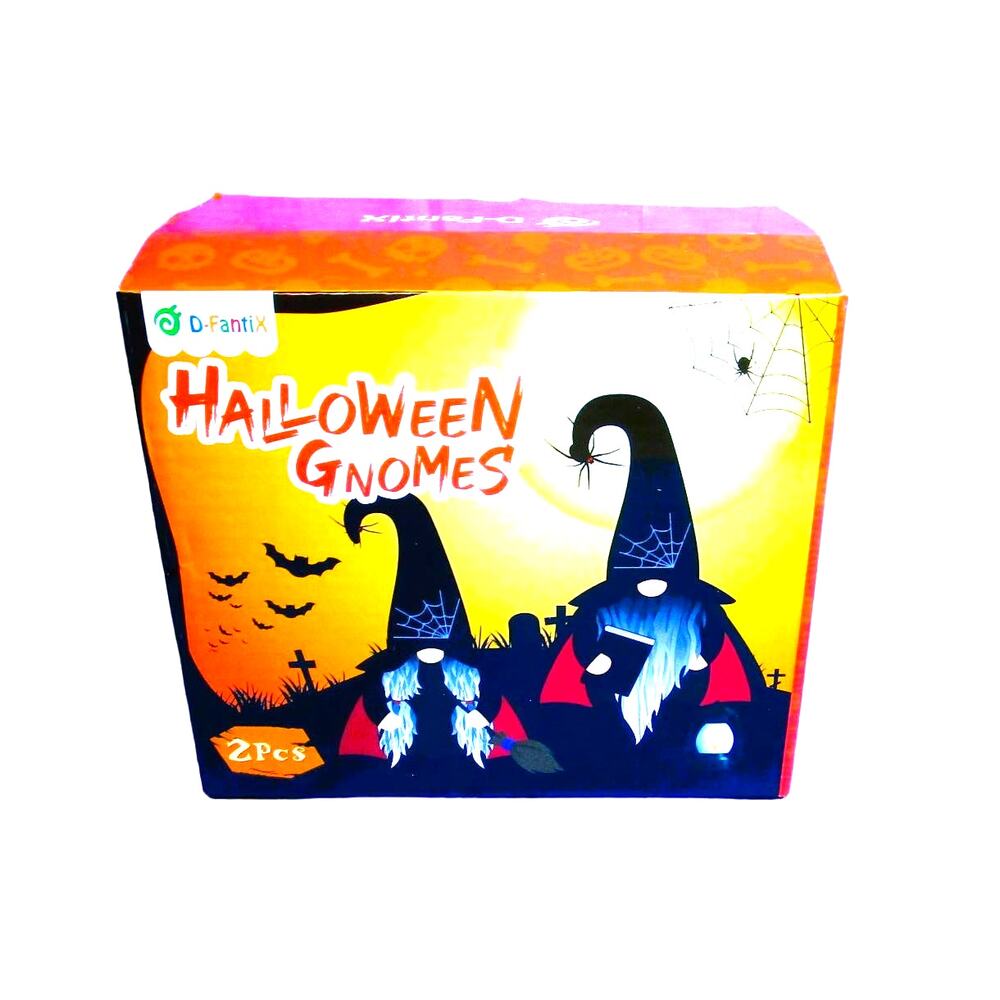 Halloween Plush Gnomes Pair Witch Hat Spider Webs Lantern & Spell Book 8 Inches